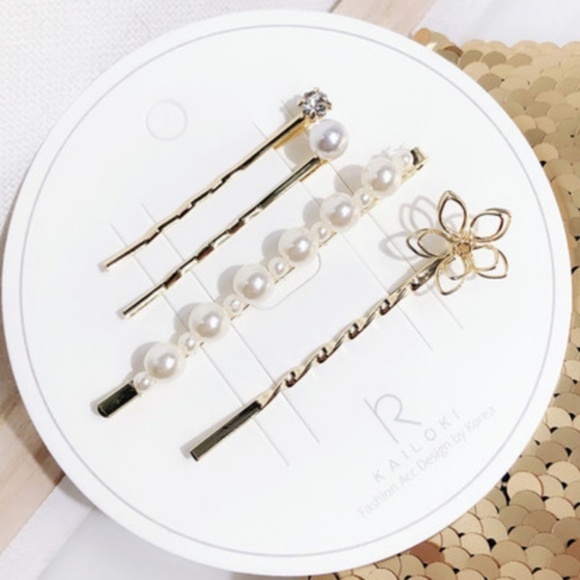 NWT Flower Pearl Gold Hair Clips Set - Floral Spring Summer Bridal Hair Barrette - Picture 4 of 4